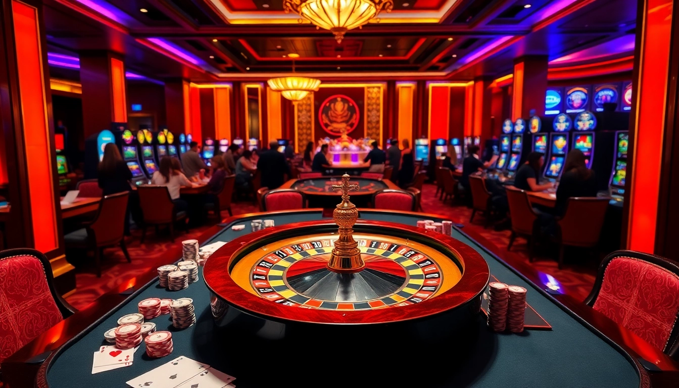 Experience the excitement of Ok99 as players enjoy lively casino games with vibrant slot machines and stylish decor.