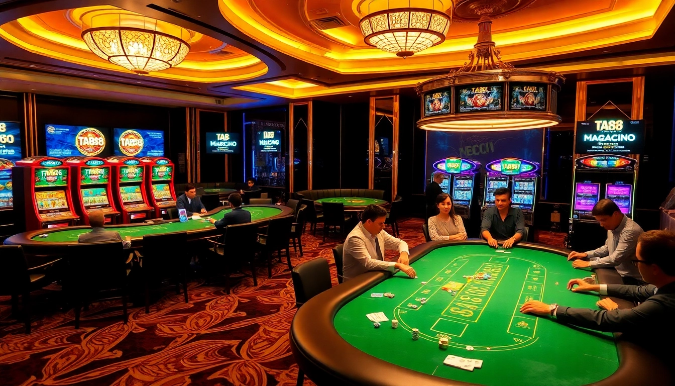 Experience the vibrant excitement at TA88 Club with engaging poker games and colorful slot machines.