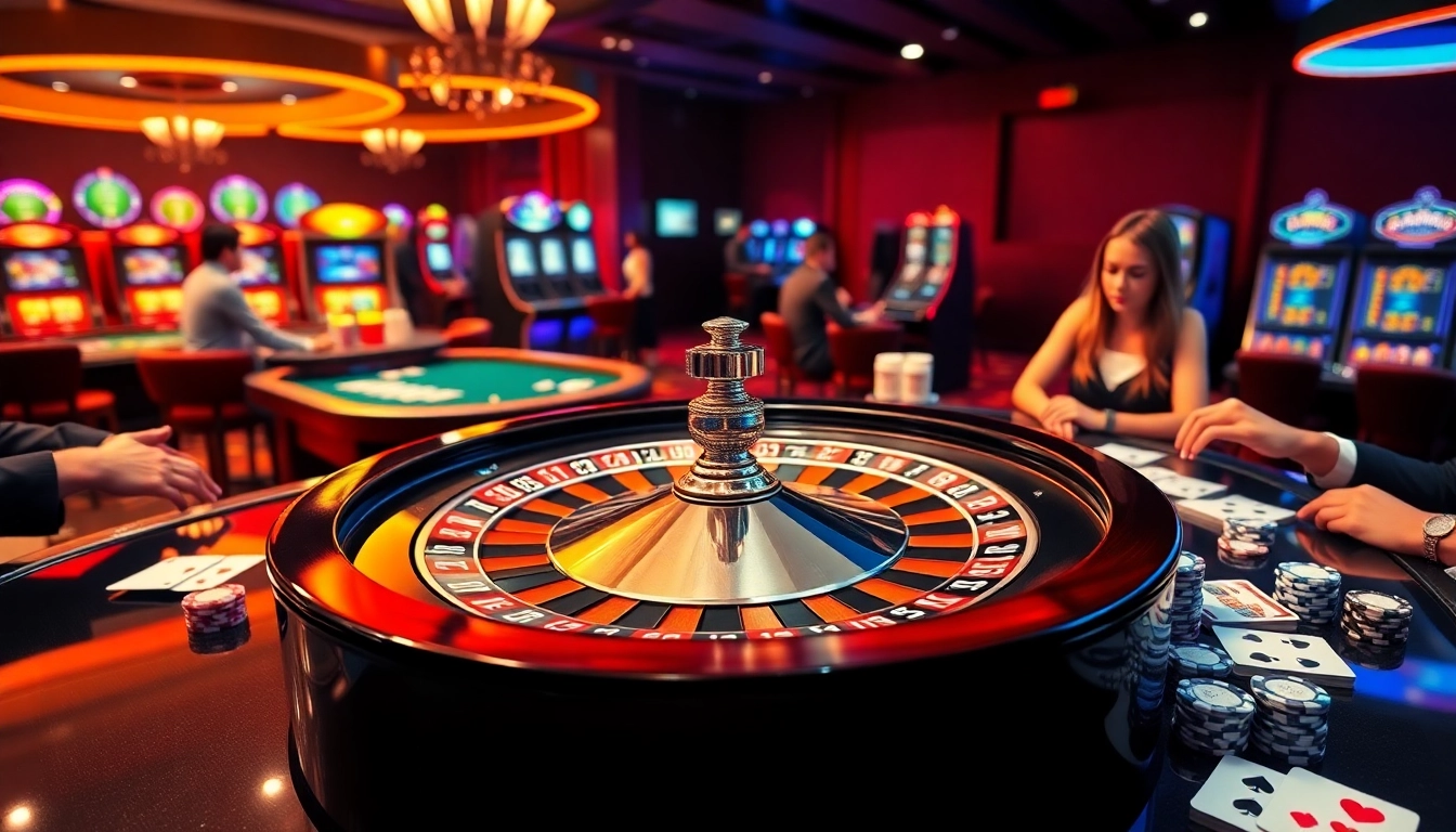 This casino scene highlights the excitement of gambling at https://f8bet11.net/, featuring a roulette wheel and poker chips.
