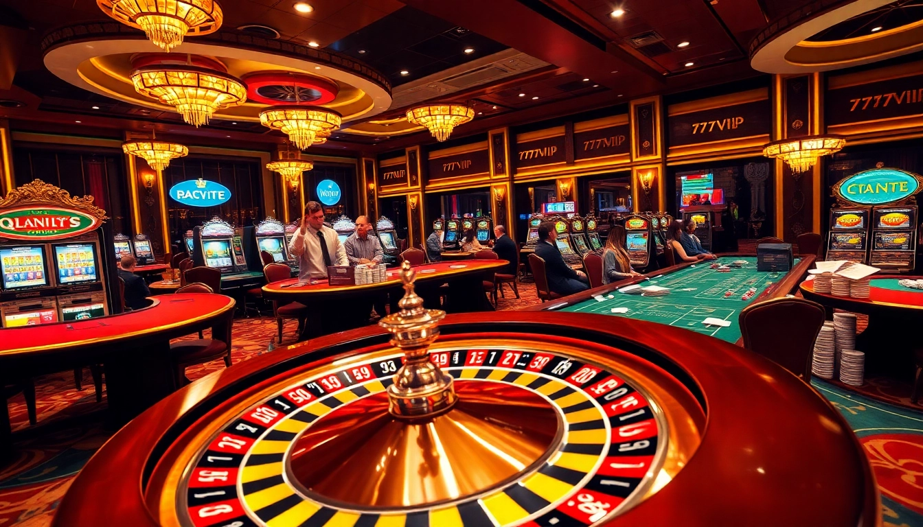 Experience the thrilling atmosphere of https://777vip.bio/ with players enjoying poker and roulette in a luxurious casino setting.