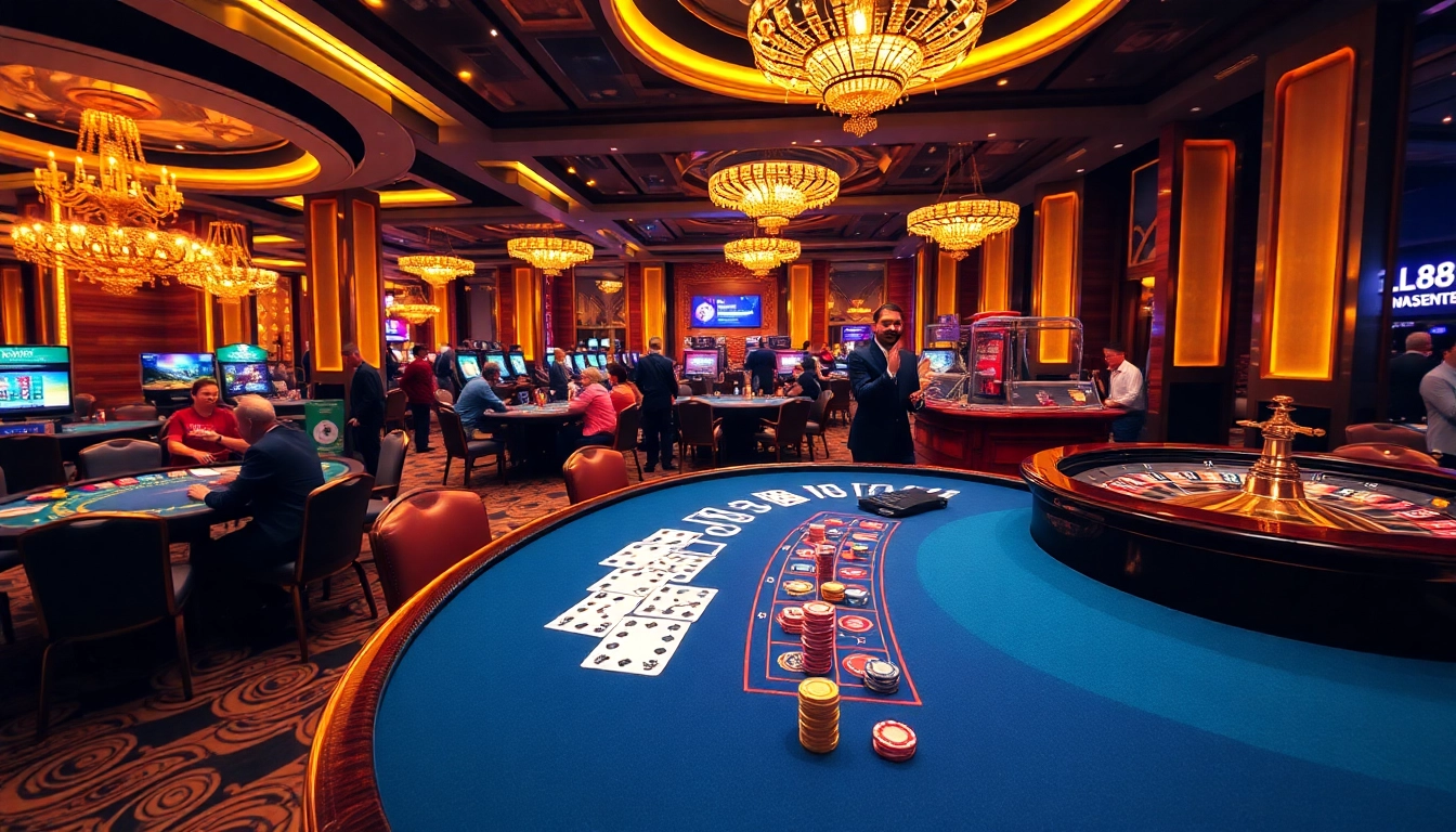 Lc88 casino scene with poker tables, roulette wheels, and online gambling interface, showcasing excitement.