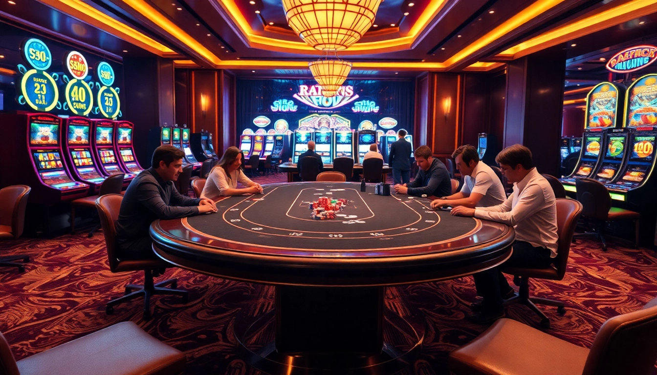 Players engaging at the s8 poker table, showcasing excitement with high-stakes chips and cards.
