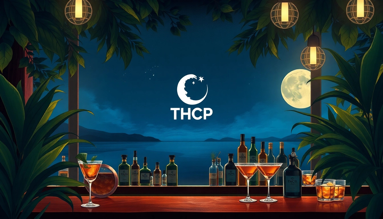Explore moonbarguy thcp products showcased in a tranquil moonlit bar scene with inviting ambiance.