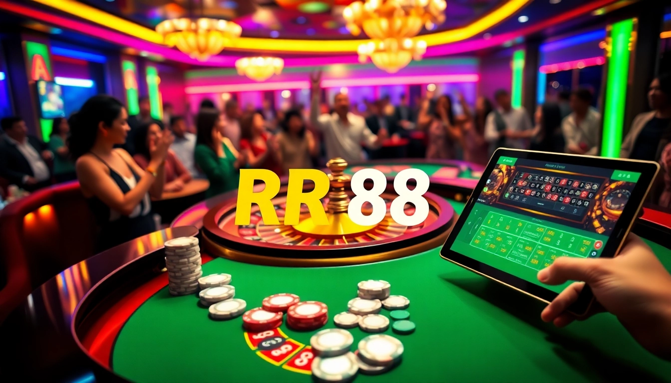 Exciting gambling scene with RR 88 roulette table and vibrant poker chips.