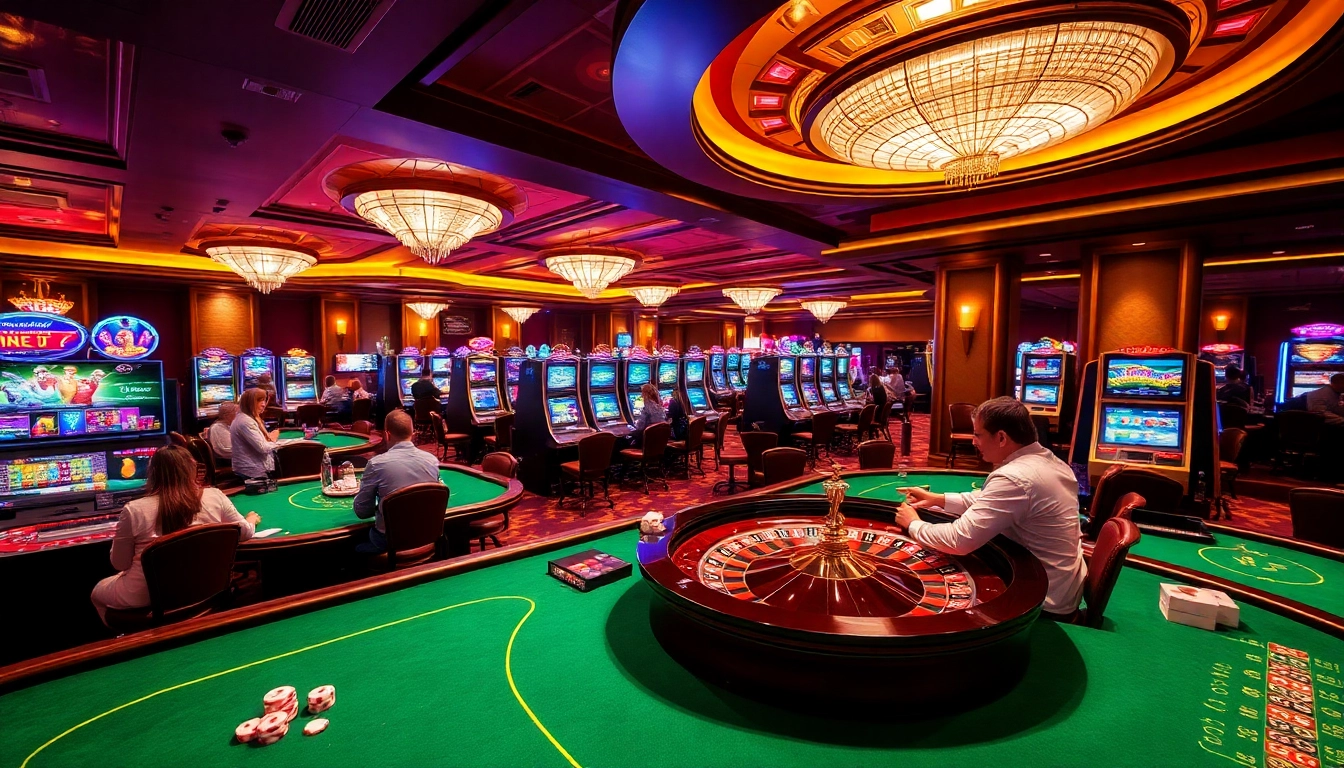 Engaged players enjoying an exciting game at https://mm88.in.net/ casino, showcasing vibrant roulette and poker tables.