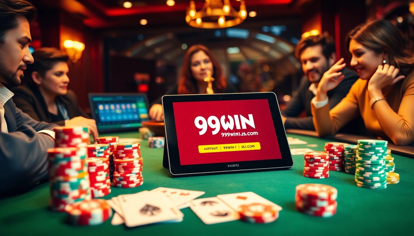 Players enjoying a poker game at a luxurious casino setting with emphasis on https://99win1.us.com/ for online gambling.