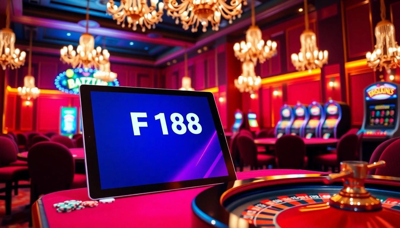 F168 online gambling interface displayed on a luxurious casino table surrounded by poker chips and roulette wheel.