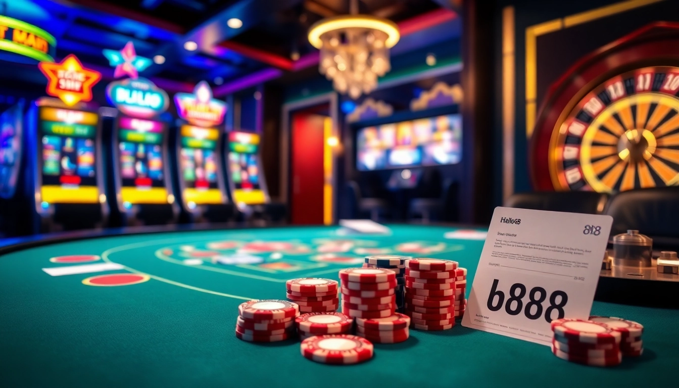 Exciting casino scene showcasing Hello88 with vibrant table games and colorful chips.