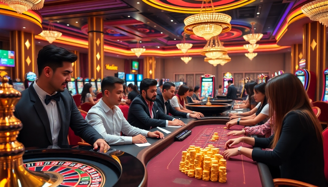 Players enjoying an exhilarating gaming experience at https://mm88.forex/ casino with roulette and poker tables.