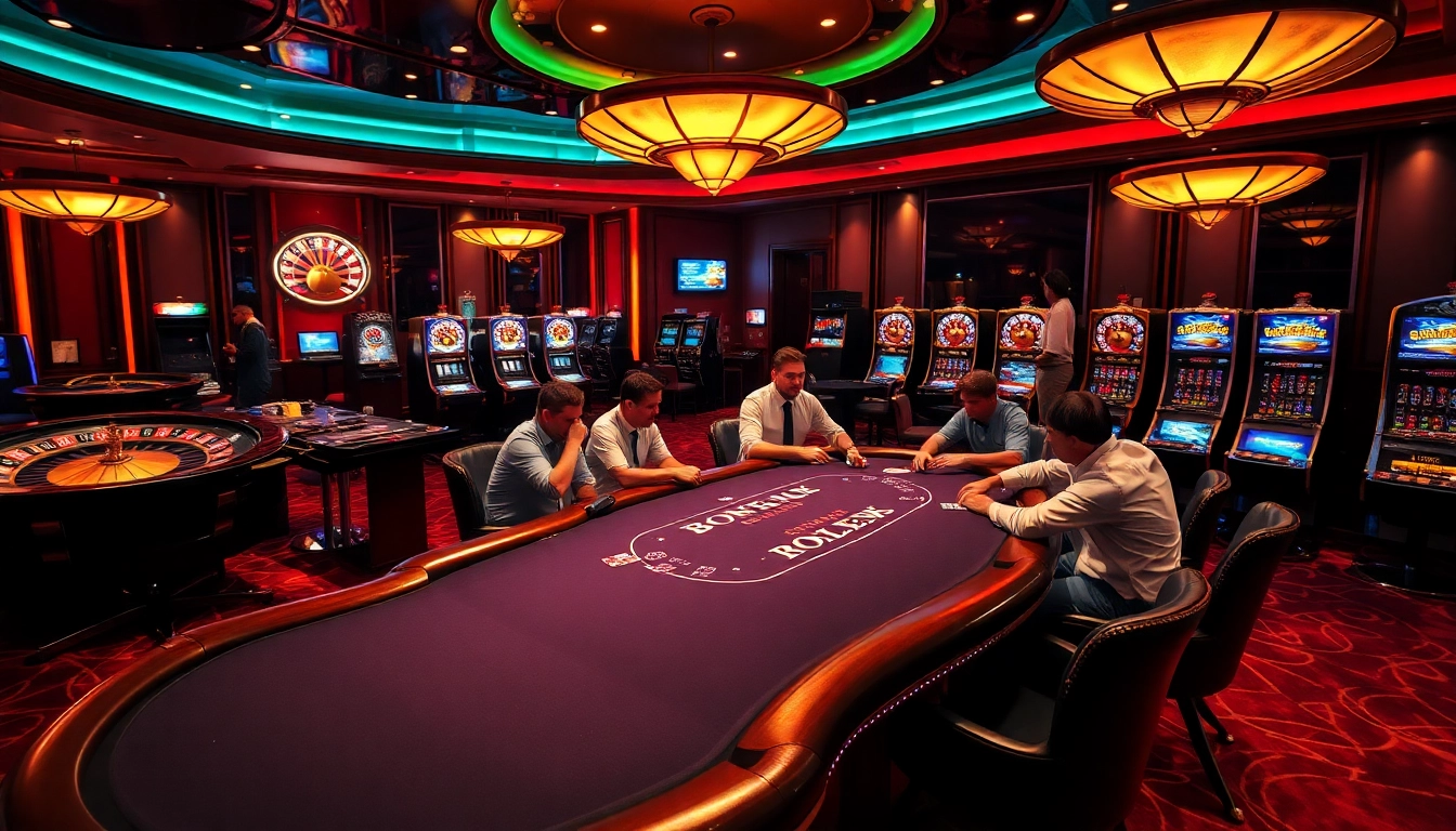 S666 casino ambiance featuring a high-stakes poker table with players and engaging slot machines.