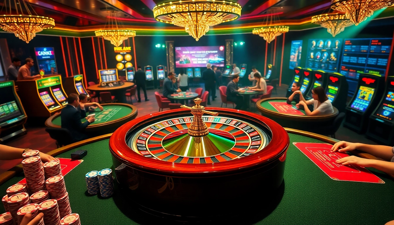 Experience thrilling gameplay at F8bet, featuring diverse poker tables and a vibrant roulette wheel.