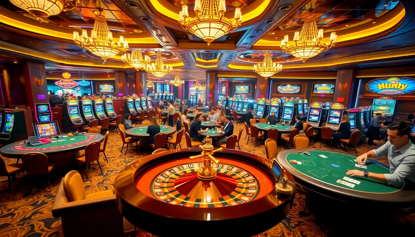 Experience thrilling gameplay at ingatbola88 with vibrant casino visuals of tables, slots, and enthusiastic players.