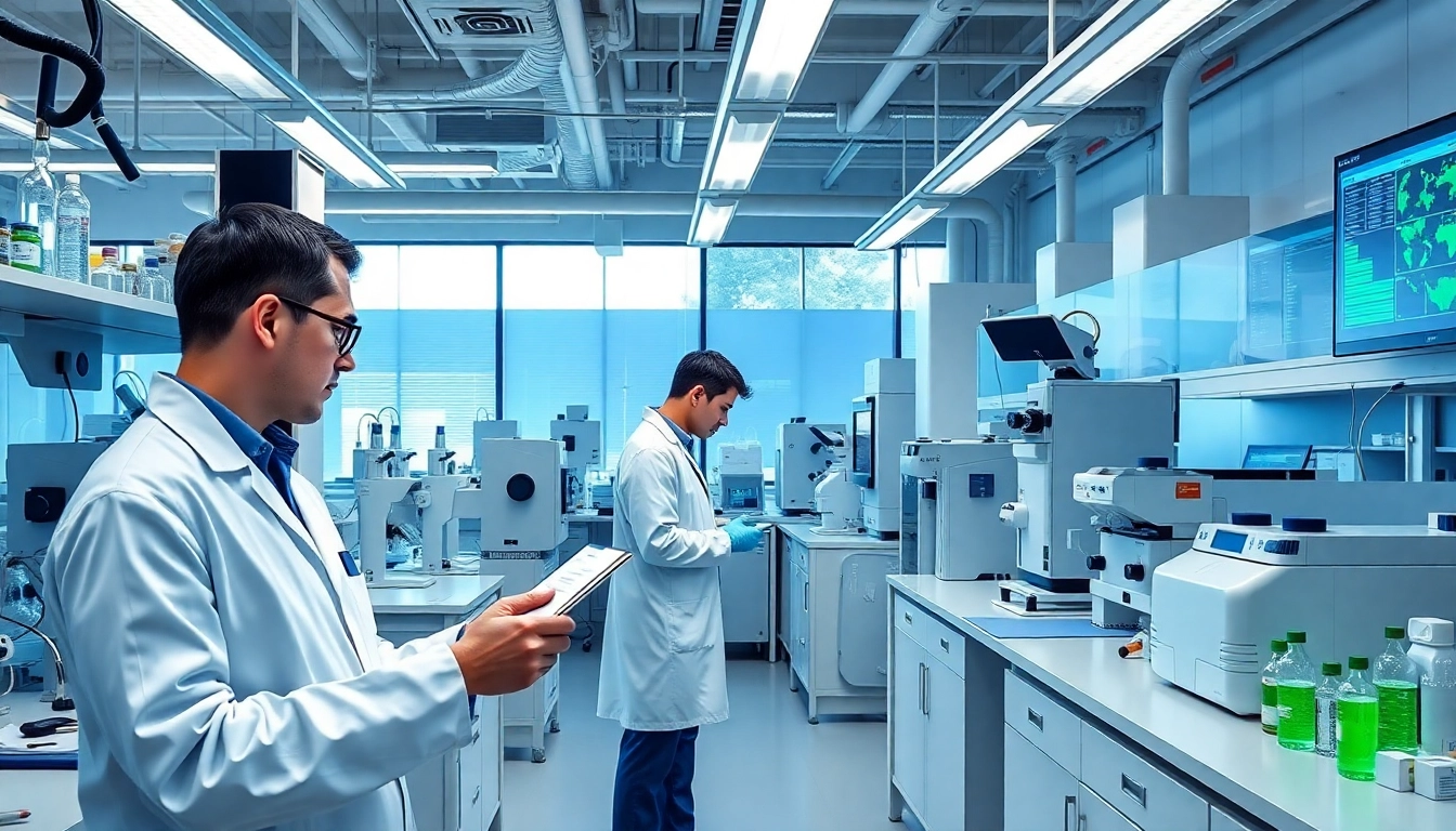 Buy peptides for research in a modern laboratory with scientists conducting analysis.