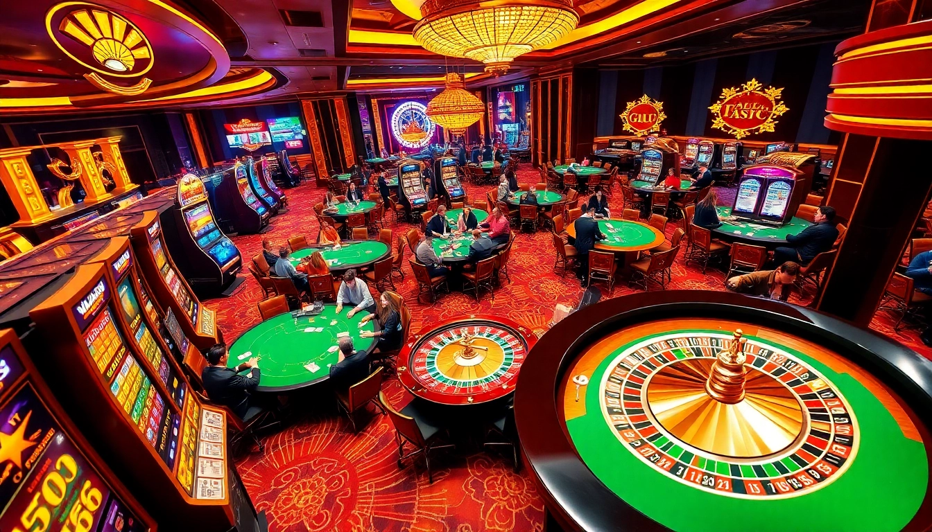 Experience the thrill of gambling with vibrant scenes from https://winbet7.vip/ featuring poker tables and slot machines.