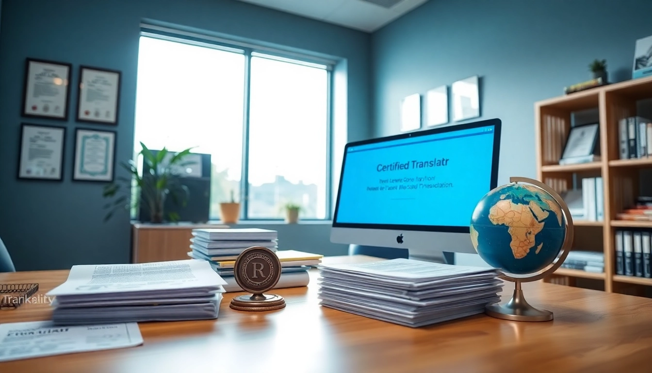 Certified translation services workspace with documents, computer, and certificates.