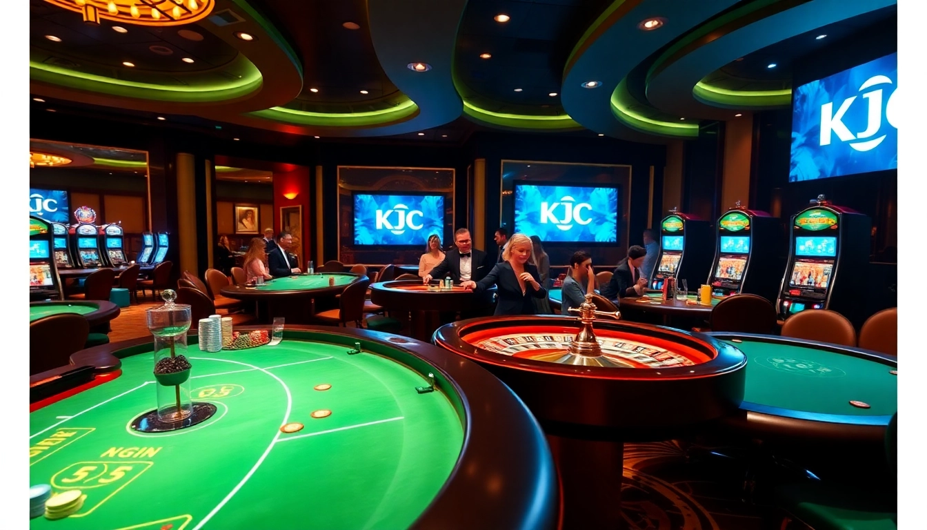 KJC logo on a vibrant casino gaming table with players and roulette wheel.