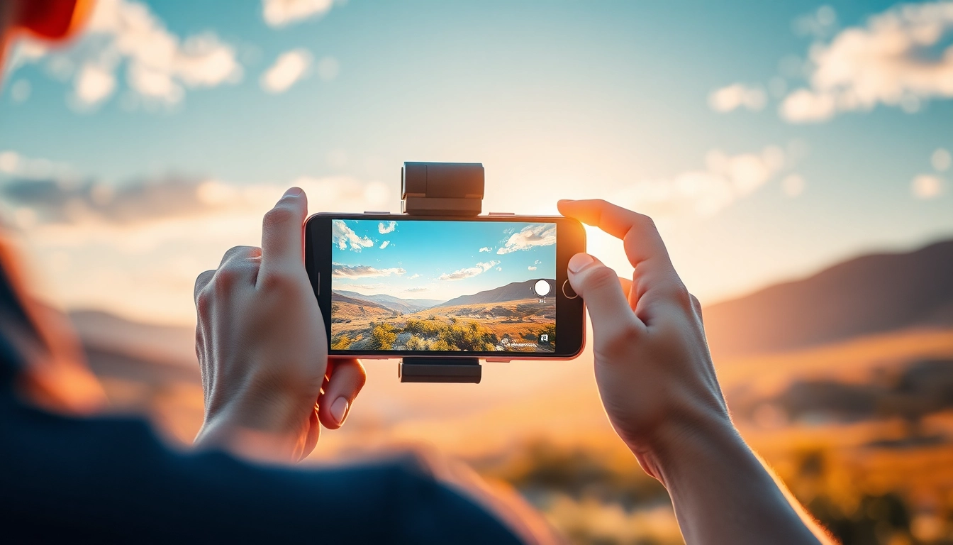 Capturing smooth video with a phone gimbal in a scenic outdoor setting.
