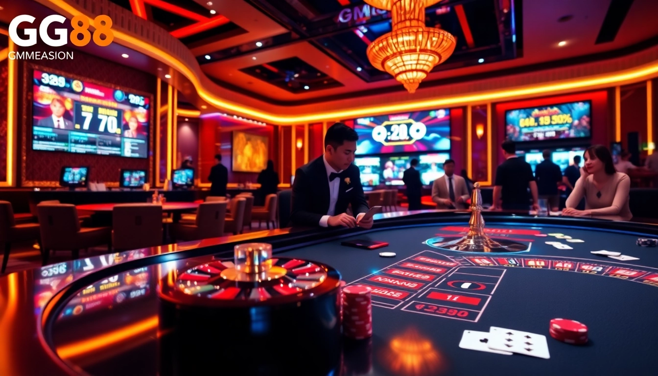 Action-packed gaming scene with GG88 logo on casino table surrounded by vibrant lights and players.