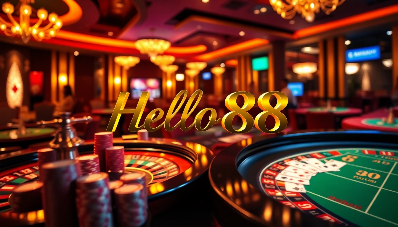 Engaging casino scene highlighting Hello88 with vibrant tables, roulette wheel, and poker cards.