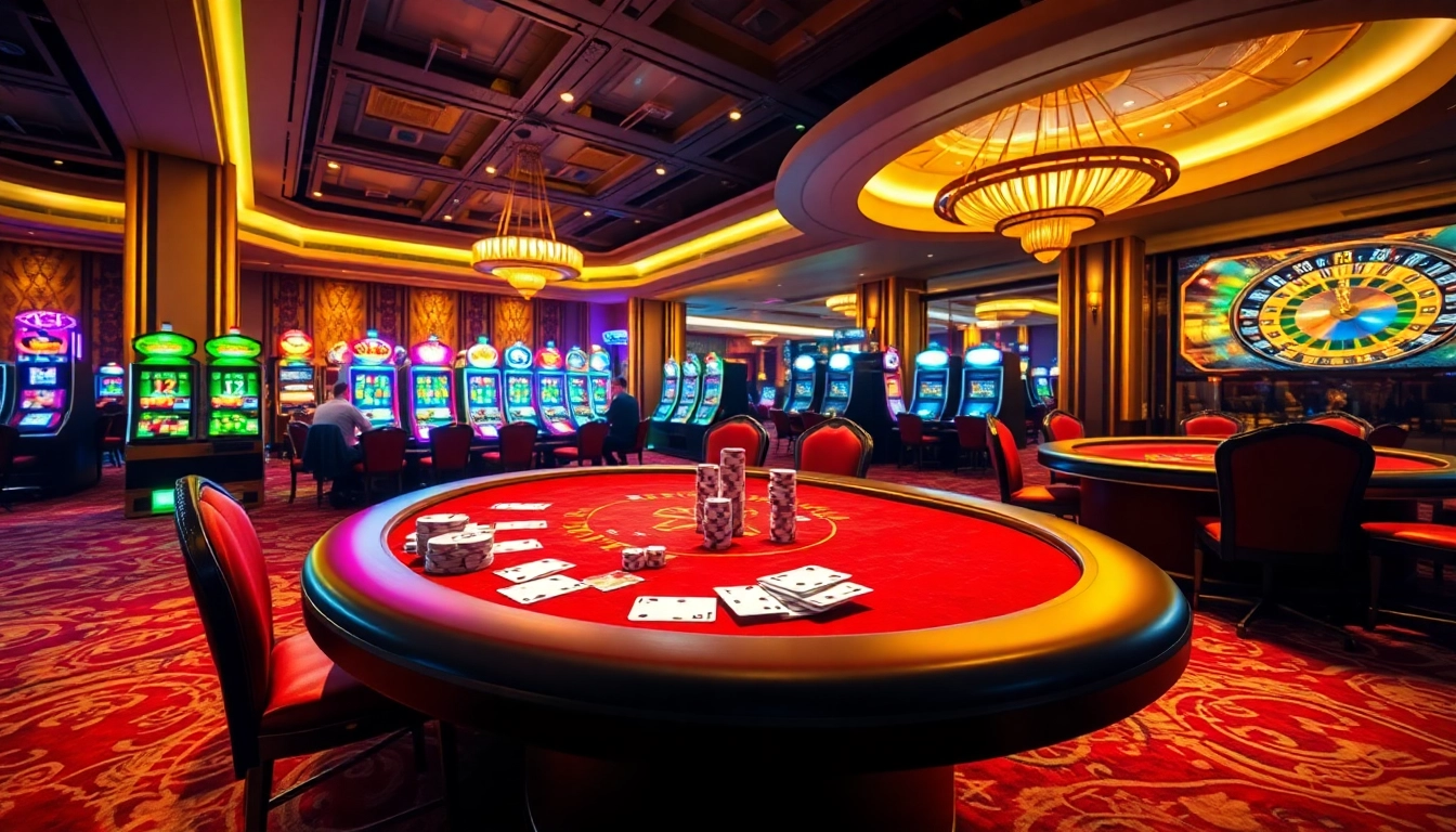 Win55 poker players competing intensely at a luxurious casino table with vibrant slot machines in the background.