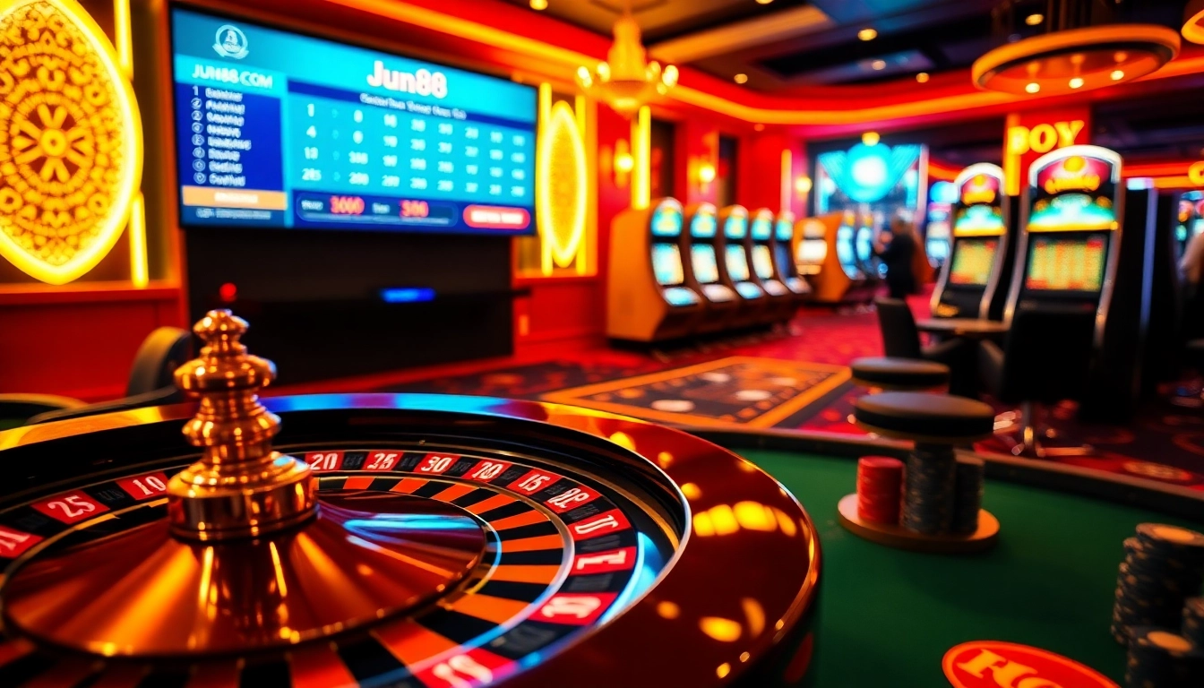 Join the excitement at jun88.com with high-stakes poker chips on a vibrant casino table.