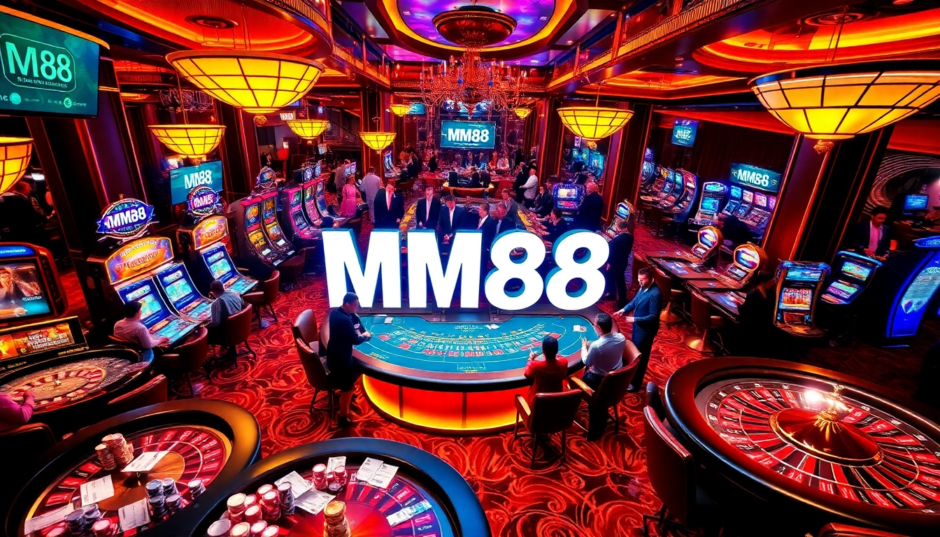 Engaging gamblers on the MM88 casino floor with roulette, poker tables, and vibrant lights.