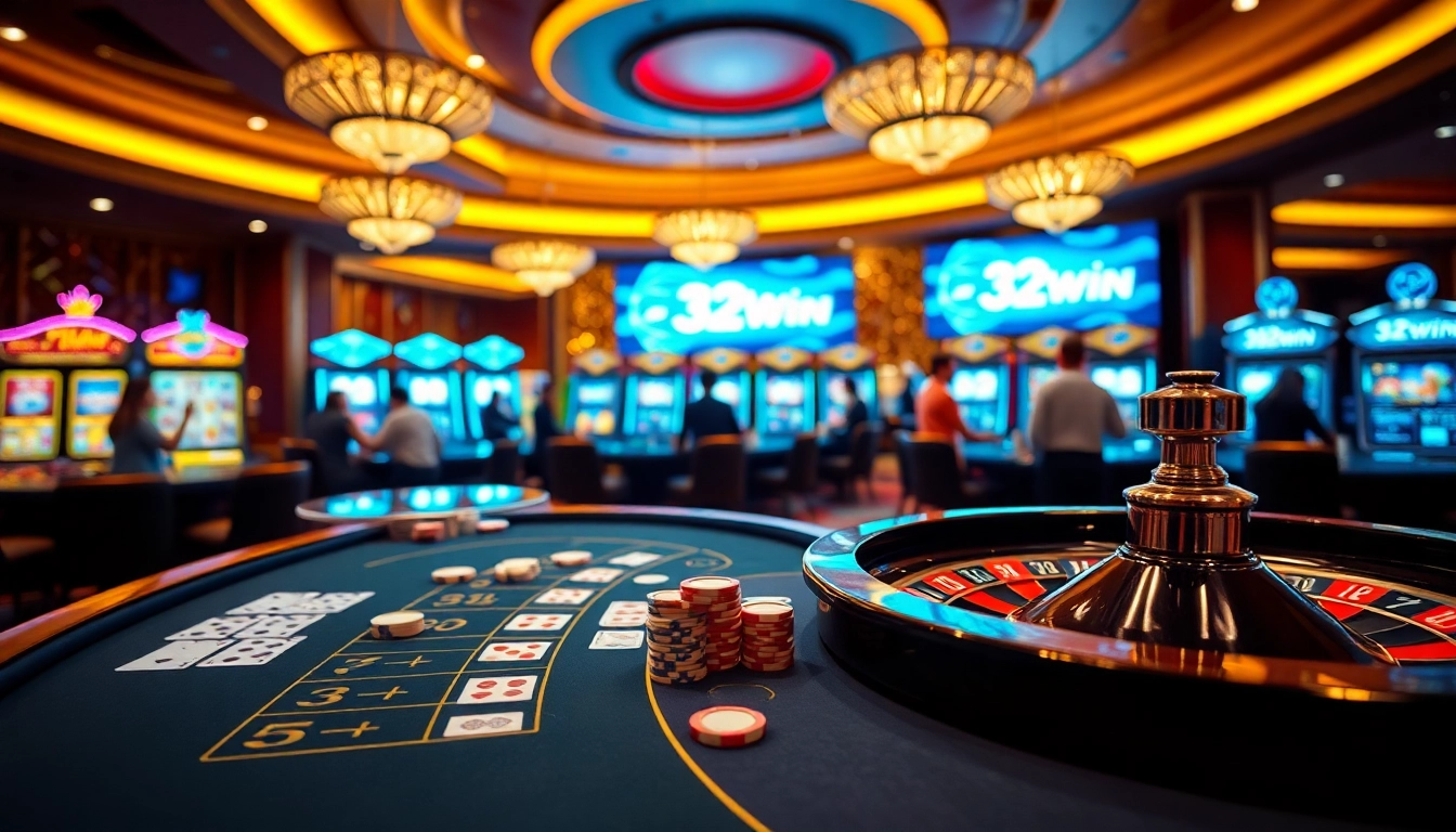 A dynamic gambling scene featuring Nhà cái 32Win with a blackjack table and illuminated slot machines.