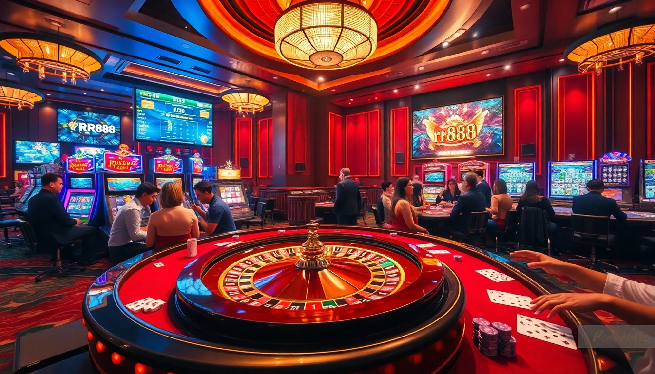 Excited players enjoy high-stakes poker at RR88's luxurious casino table, showcasing vibrant gambling atmosphere.