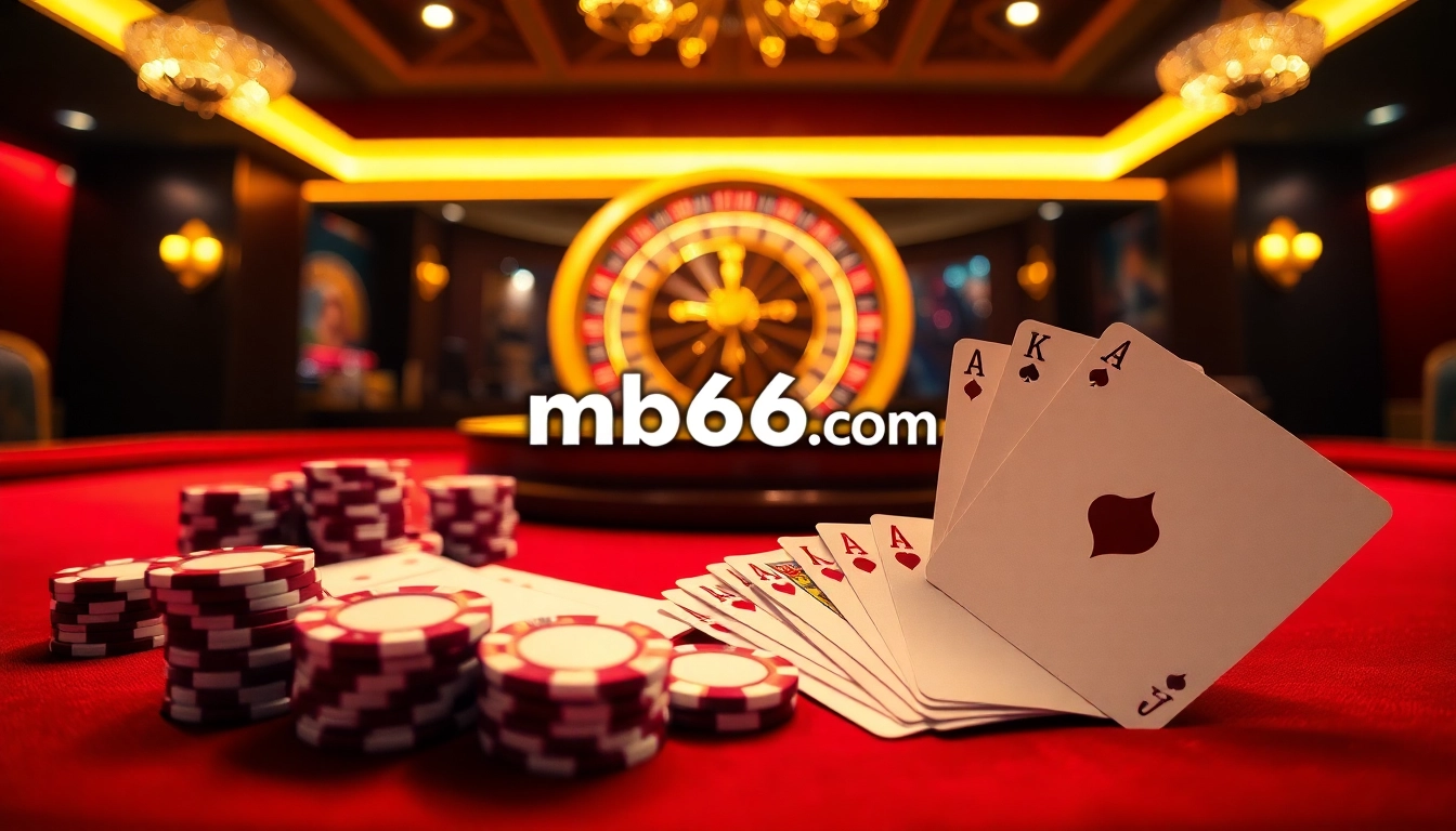 Experience high-stakes excitement at mb66-t.com with poker chips and sleek casino tables.