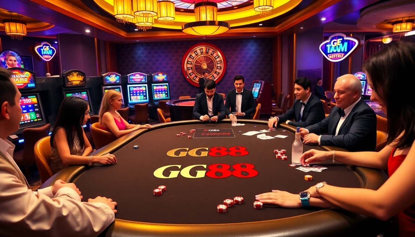Enjoying the excitement of GG88 at a luxury casino table with vibrant games and engaging players.