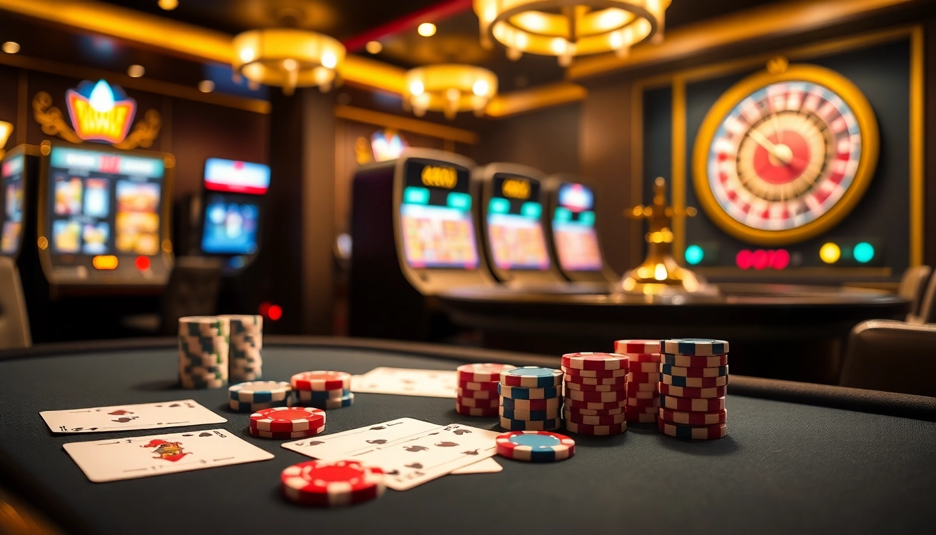 Exciting casino scene with poker table and vibrant chips while showcasing OK365 đăng nhập.