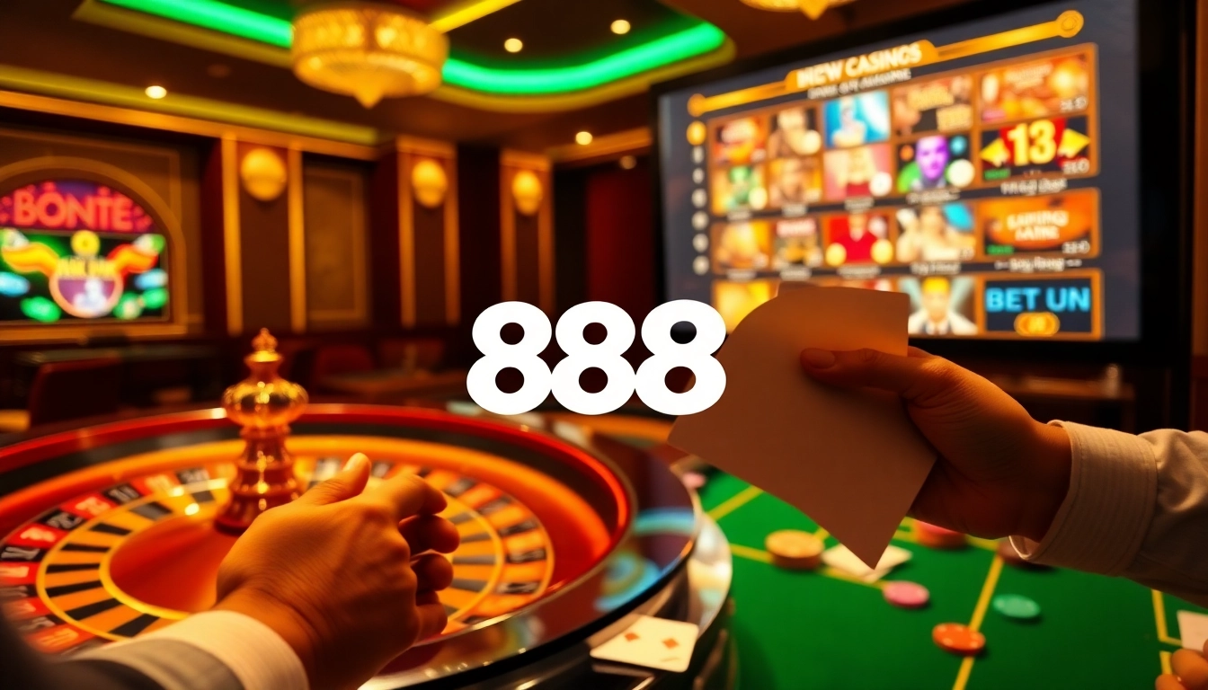 Engaging visual of BJ 888 logo amidst a vibrant casino scene with roulette and poker elements.