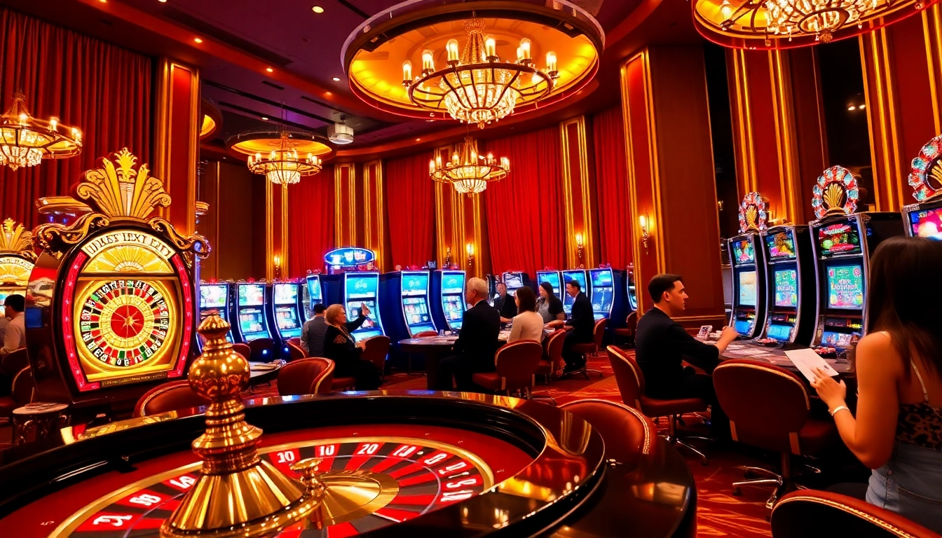 Players enjoying games at https://www.66slots8.com/, featuring roulette and slot machines in a luxurious casino.