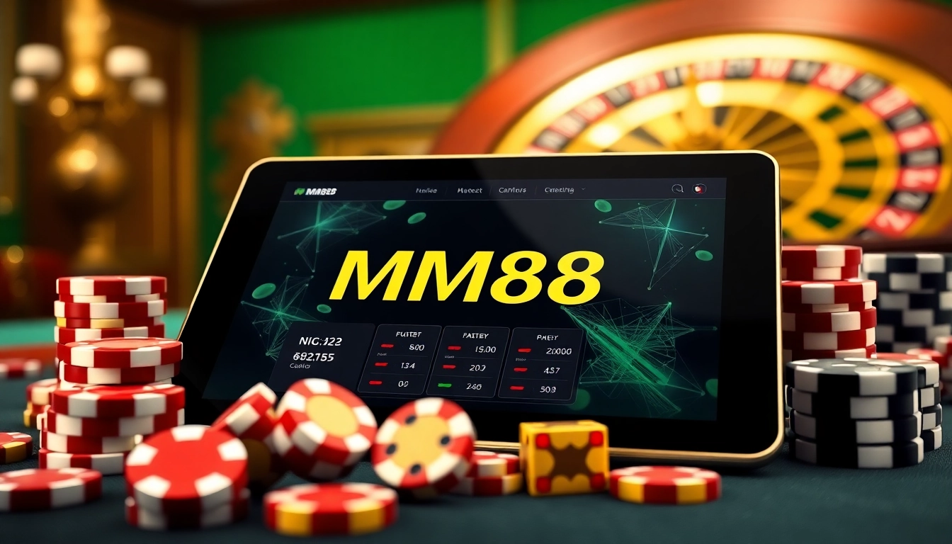 Experience luxurious online gambling with MM88's digital interface surrounded by casino elements.