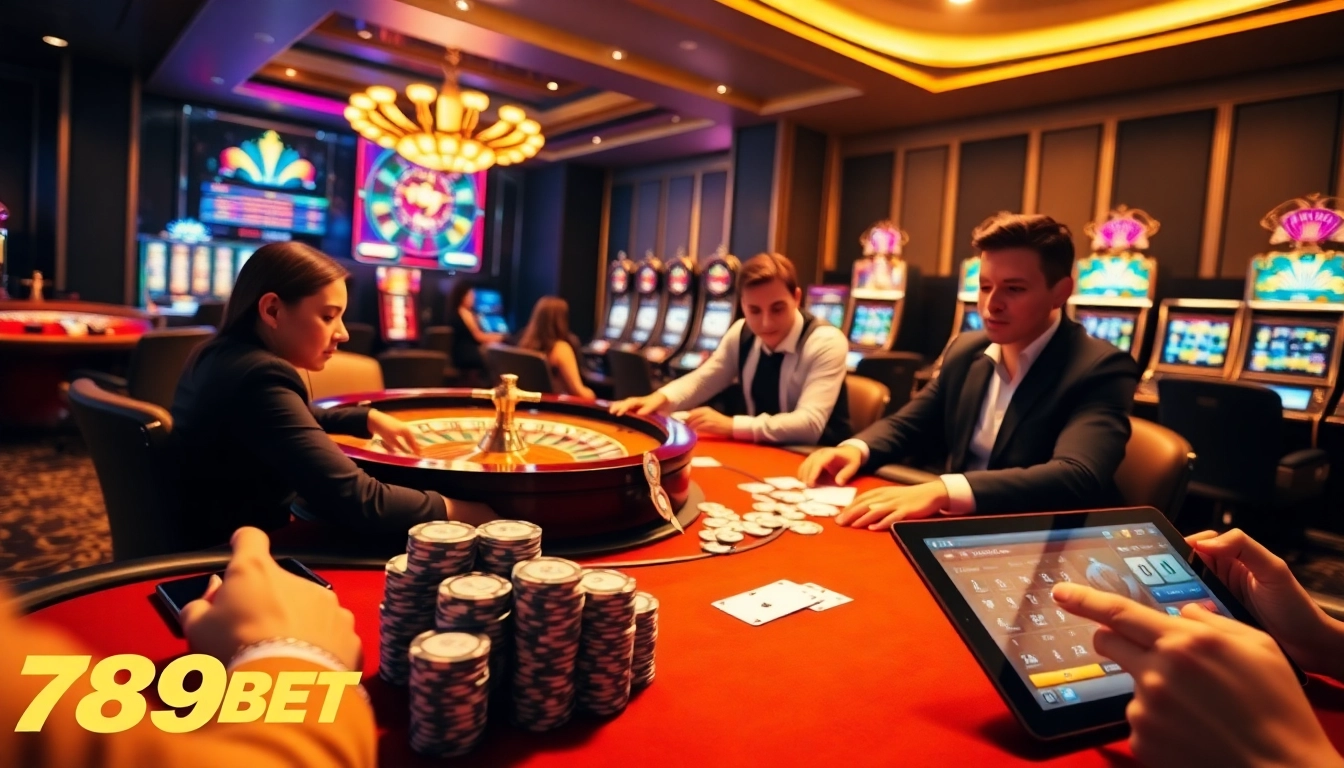 Engaging players enjoying thrilling games at 789BET casino, showcasing poker and roulette excitement.