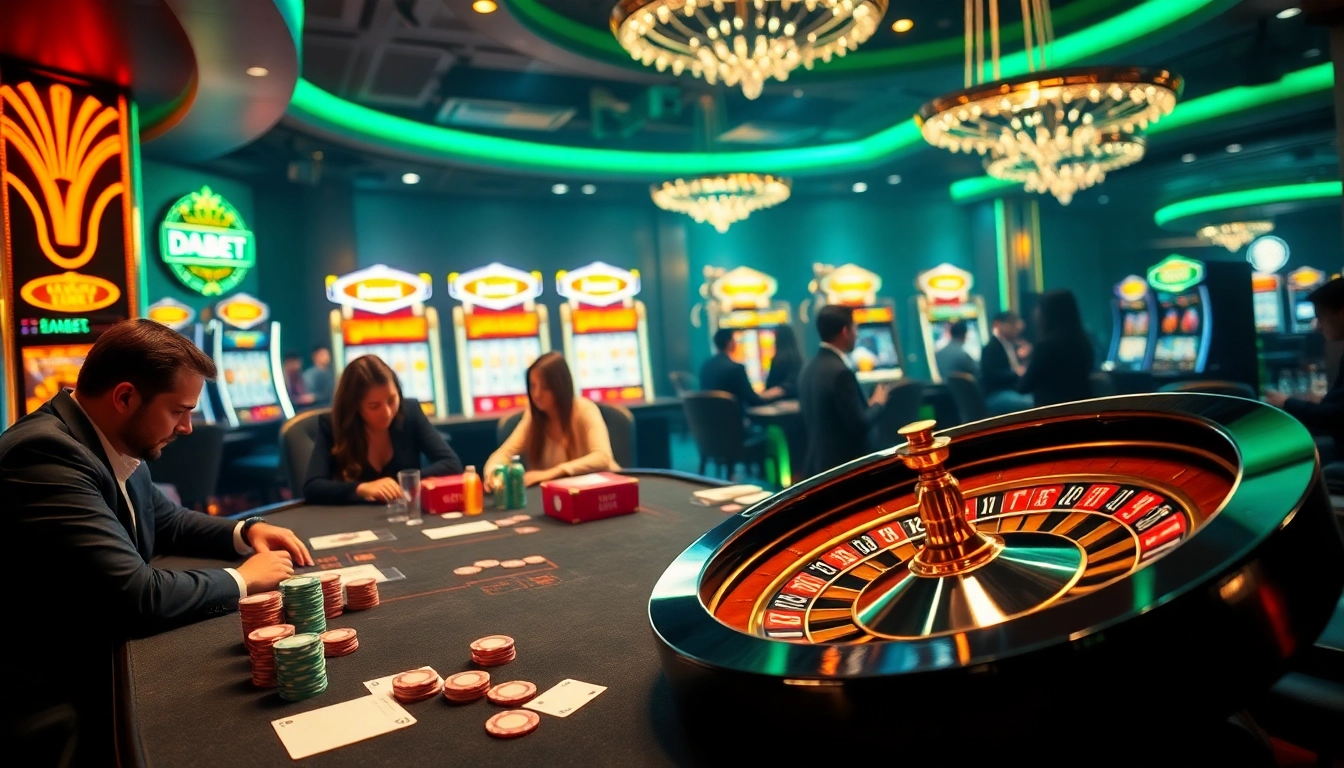 DABET players enjoying an exciting online casino experience with poker and slot games.