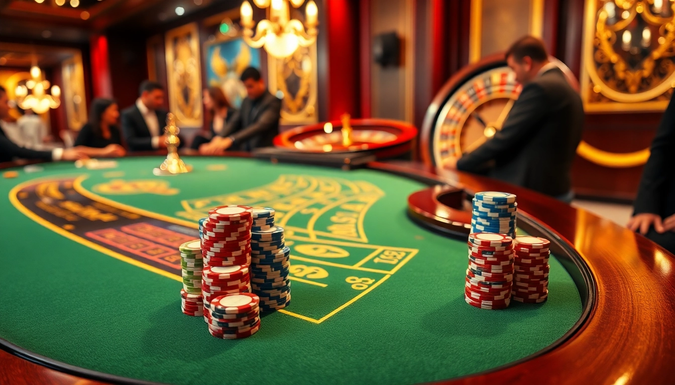 Engaging gameplay at DF999 casino table featuring poker chips and roulette for high-stakes excitement.