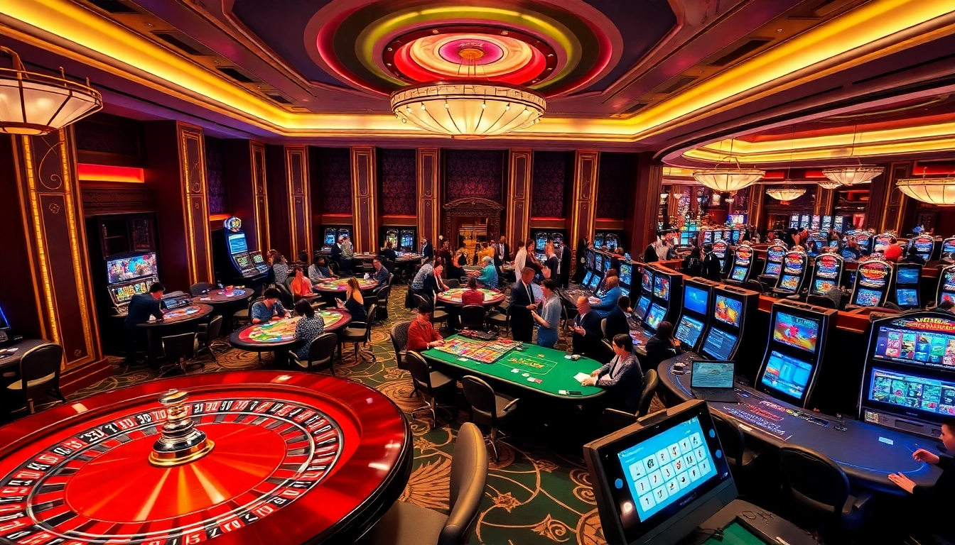 Spectacular casino scene with roulette, poker tables, and lively gamblers inspired by https://s8mode.com/.