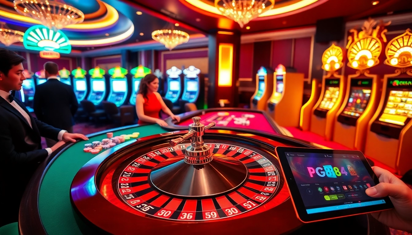 Experience excitement at pg88 with a vibrant casino scene featuring roulette and slot machines.