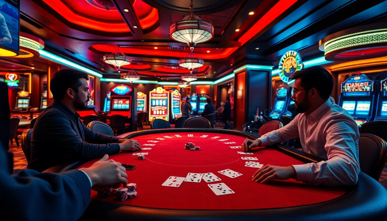 Exciting poker game scene at a luxury casino on https://go88.fast/ showcasing poker chips and players' engagement.