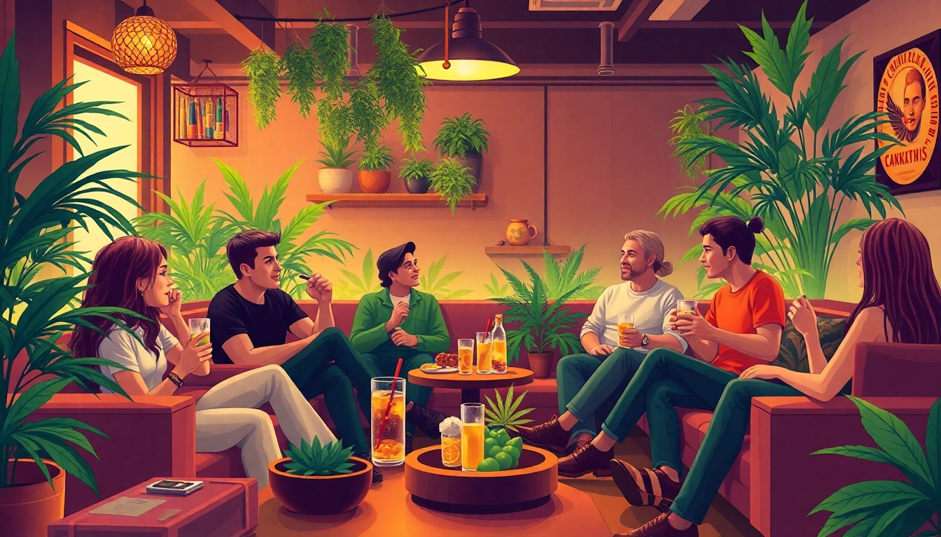 Friends enjoying their time at a vibrant Social club Madrid with drinks and cannabis.