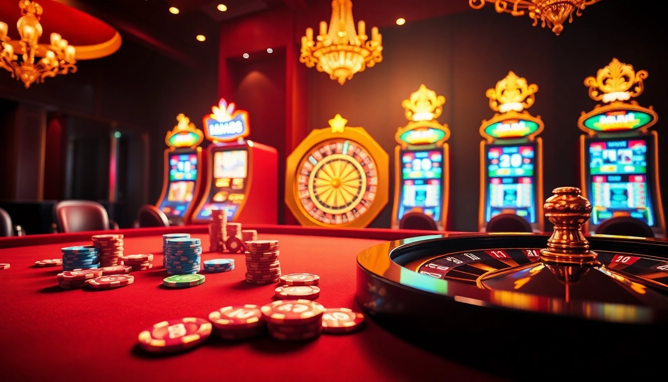 Experience the excitement of MM88 with vibrant poker chips and a roulette wheel in a luxurious casino.