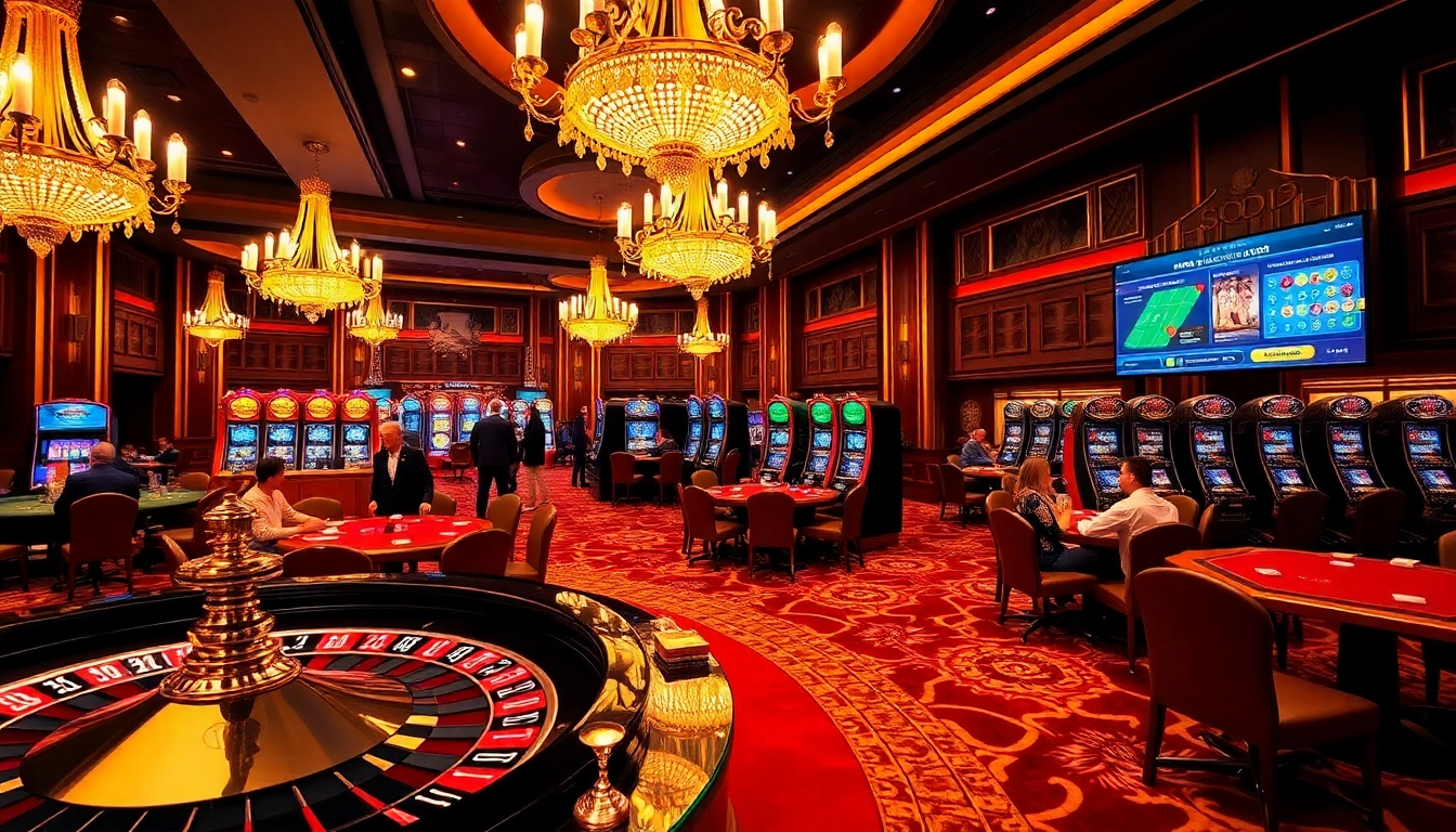 SODO casino featuring roulette, poker tables, and slot machines in a vibrant atmosphere