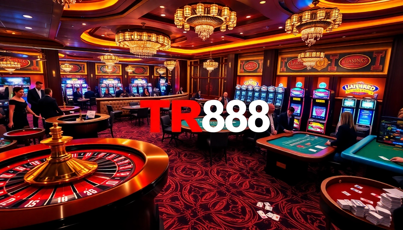 Engaging casino scene featuring TR88 logo with poker tables, roulette, and vibrant slot machines.