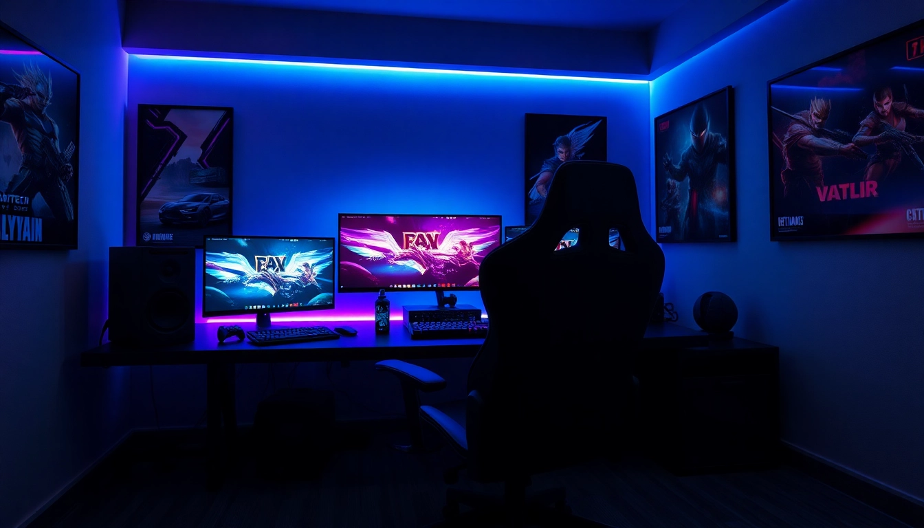 Dynamic gaming setup featuring NK88-themed monitors and vibrant LED lights.