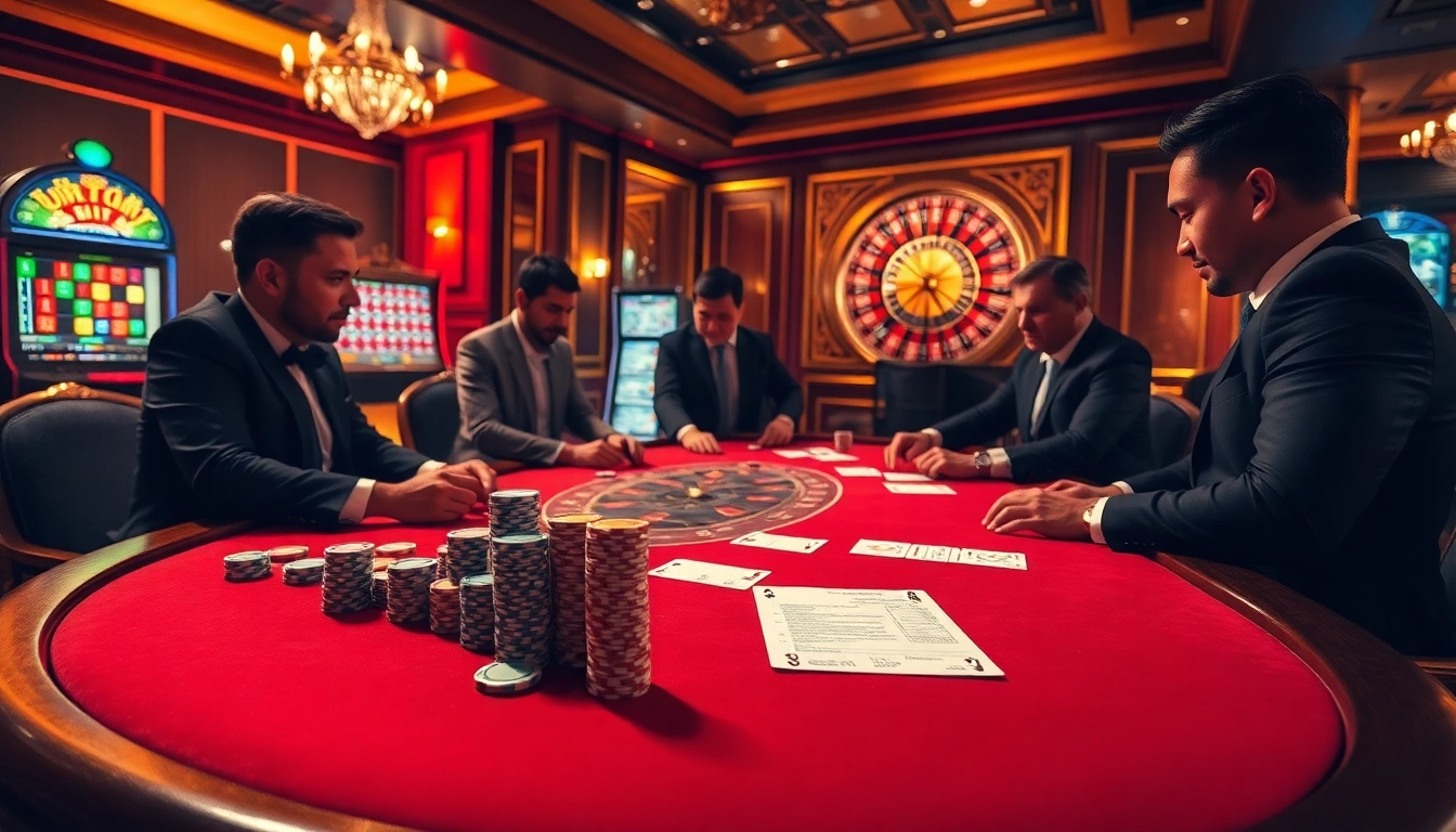 Players strategizing around a luxurious poker table in a casino setting, focusing on vào PS99 betting options.