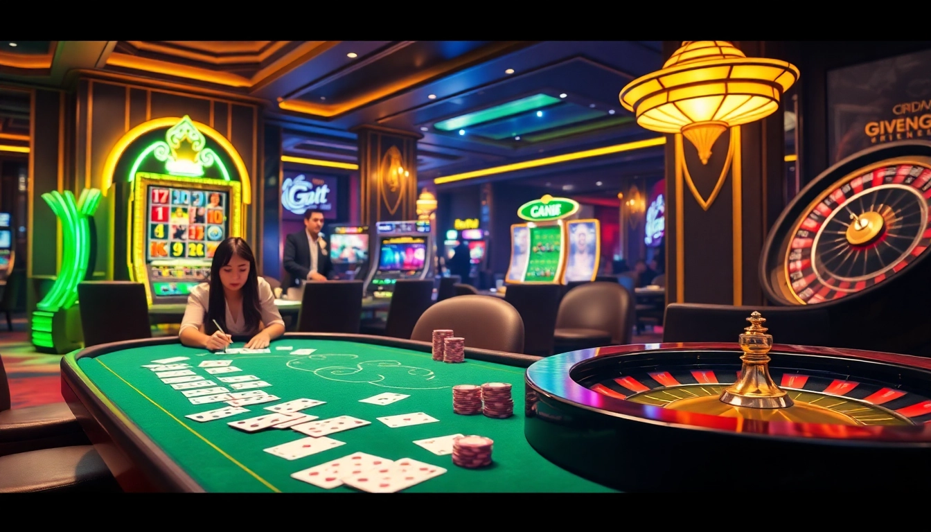 Players enjoying poker and slots at a luxury casino scene linked to https://go88vn.id/, highlighting online gambling excitement.