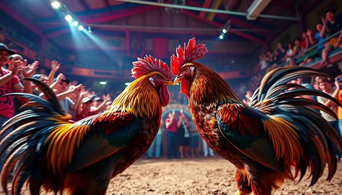 Live cockfighting at SV368 with vibrant roosters and cheering fans, capturing excitement and energy.