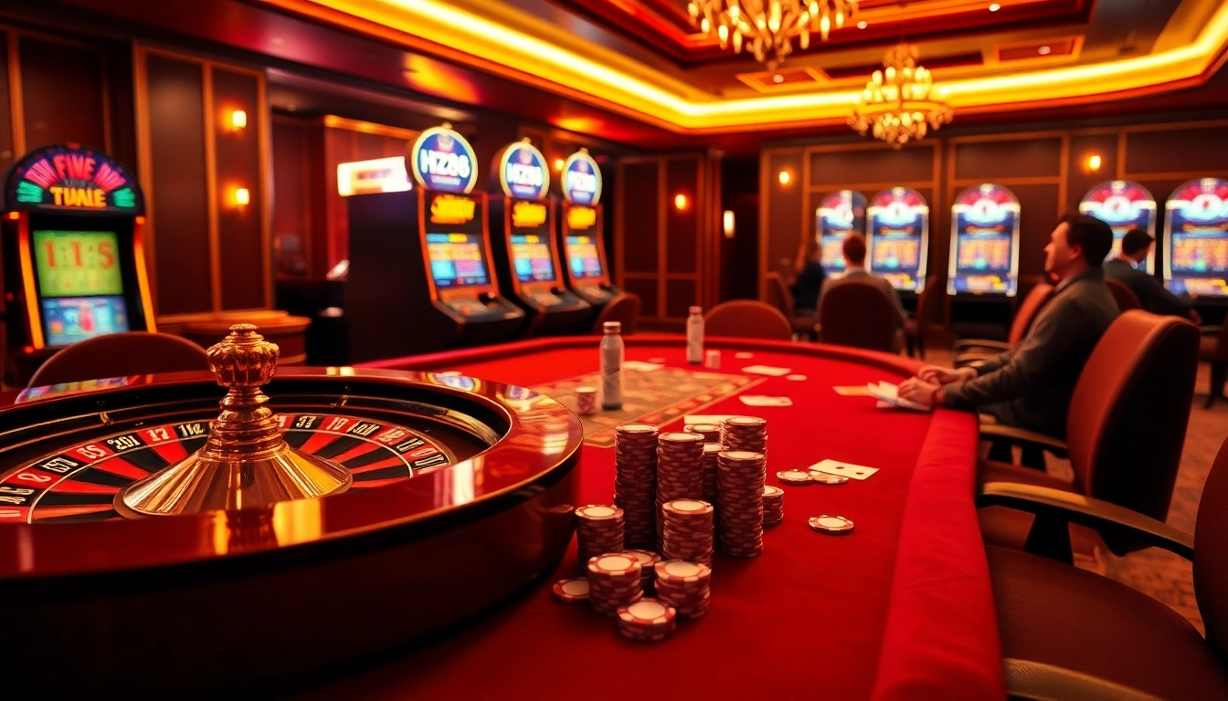 Hazardous and thrilling moments at HZ88's casino with poker chips and vibrant slot machines.