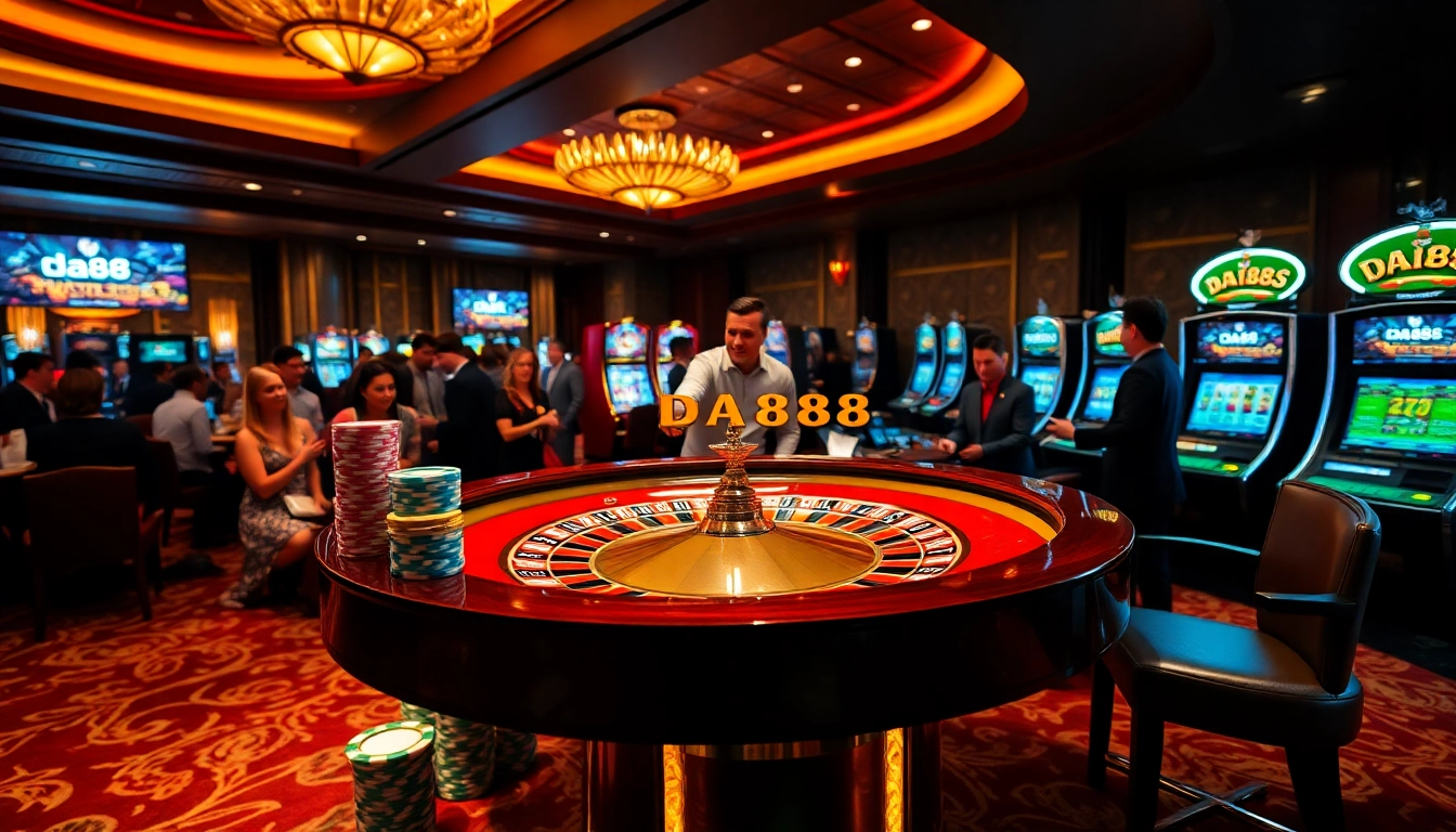 Play exciting casino games like da88 at a glamorous roulette table, filled with vibrant poker chips.